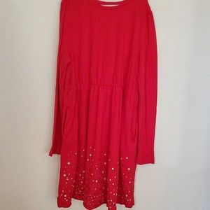 Girls Lands End Red Silver Sequins Sparkly Long Sleeve Dress Size XL(16) Holiday